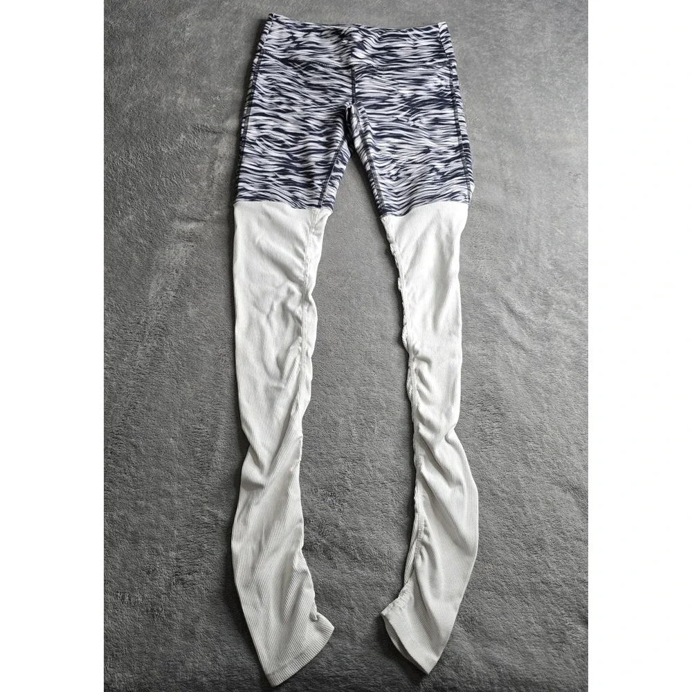 Alo Yoga Goddess Leggings Womens M/L Navy Wave Color Block Ribbed Ruched READ